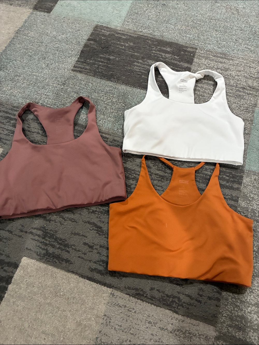 Girlfriend Collective Racerback Sports Bra - White, Mauve, and Rust
